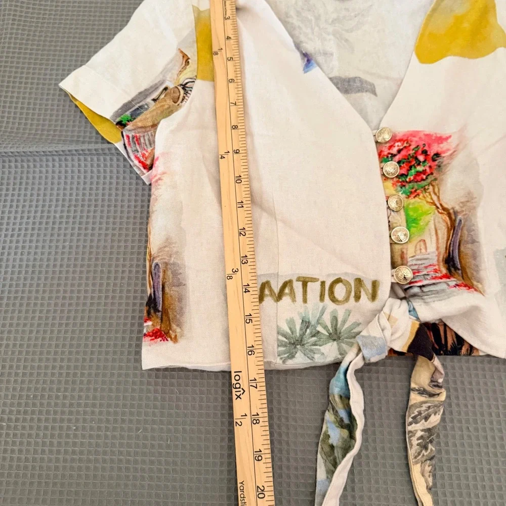C&C California 2 Piece Set XS White Multicolor Postcard Print Top Mini Skirt